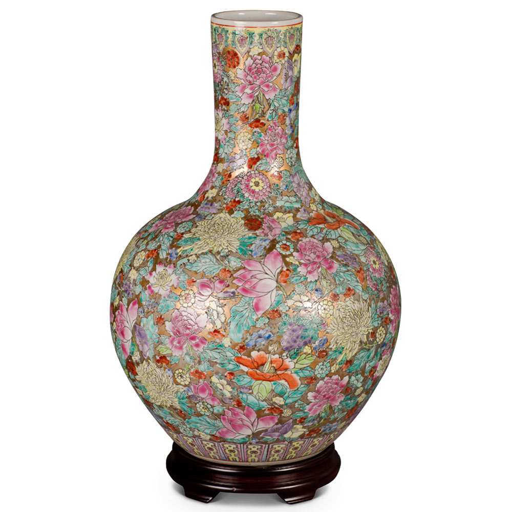 Hand Painted Imperial Canton Porcelain Chinese Floral Temple Vase