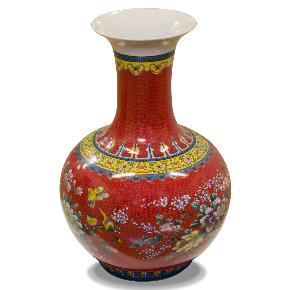 Red Flower and Birds Chinese Porcelain Temple Vase