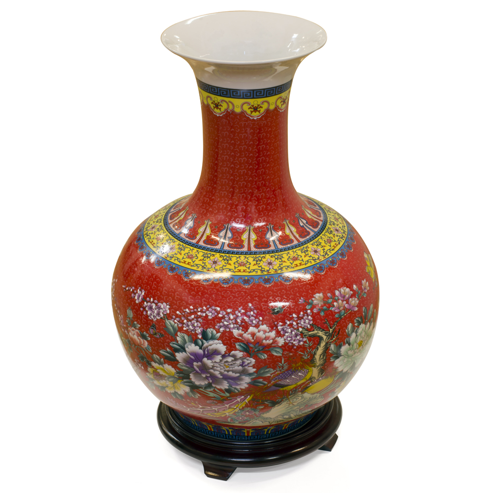 Red Flower and Birds Chinese Porcelain Temple Vase