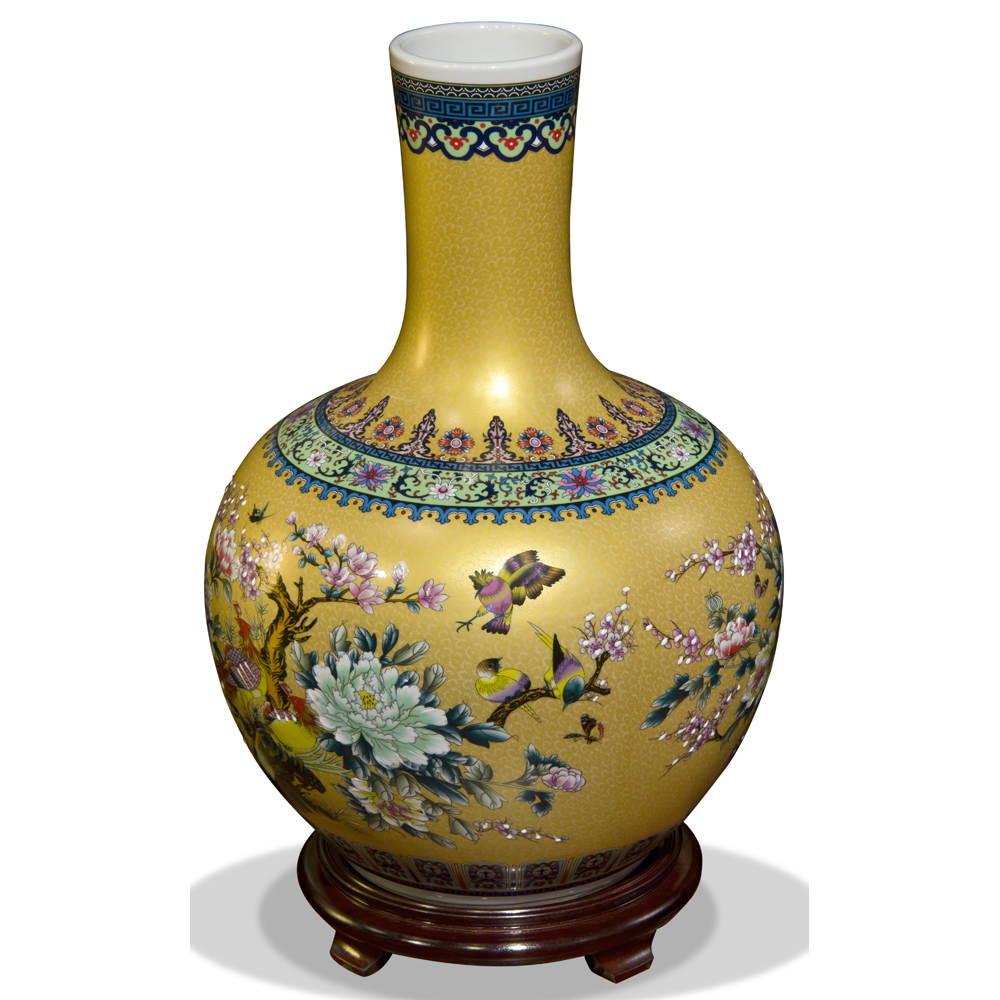 Gold Flower and Birds Chinese Porcelain Temple Vase