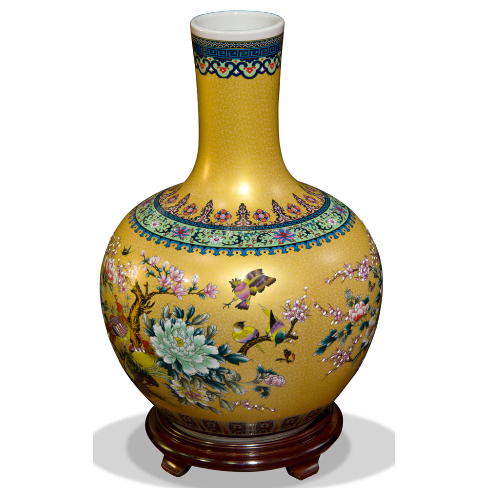 Gold Flower and Birds Chinese Porcelain Temple Vase