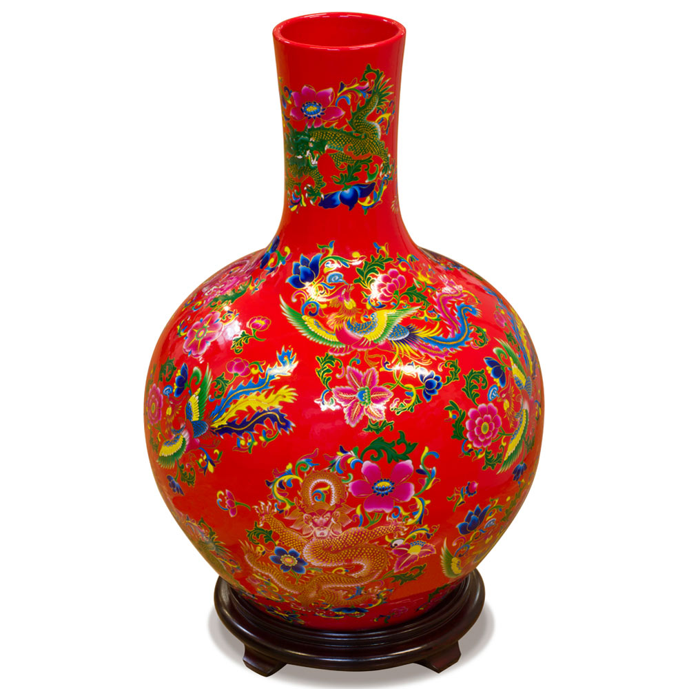 Red Dragon and Phoenix Imperial Chinese Porcelain Temple Vase