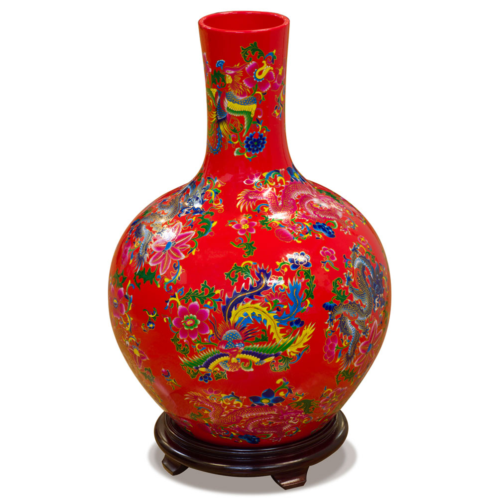 Red Dragon and Phoenix Imperial Chinese Porcelain Temple Vase