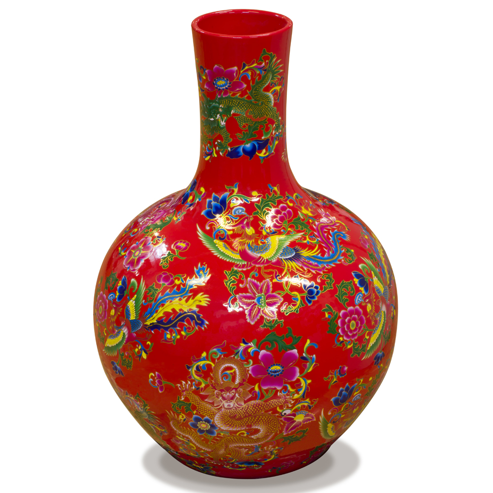 Red Dragon and Phoenix Imperial Chinese Porcelain Temple Vase