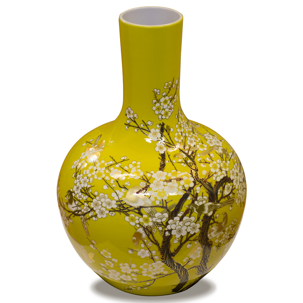 Yellow and Gold Cherry Blossom Chinese Porcelain Temple Vase