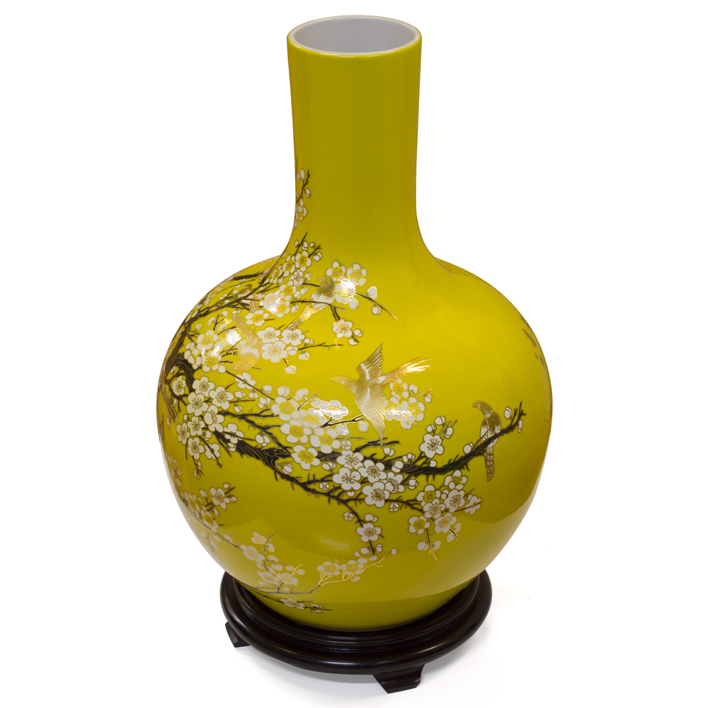 Yellow and Gold Cherry Blossom Chinese Porcelain Temple Vase