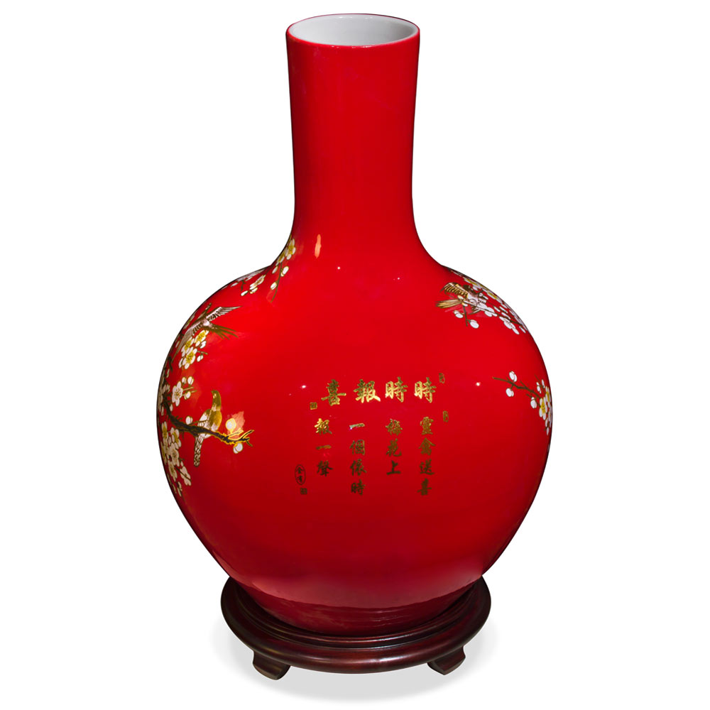 Red Cherry Blossom Chinese Porcelain Temple Vase