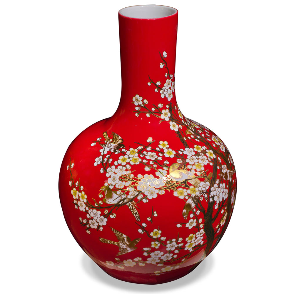 Red Cherry Blossom Chinese Porcelain Temple Vase