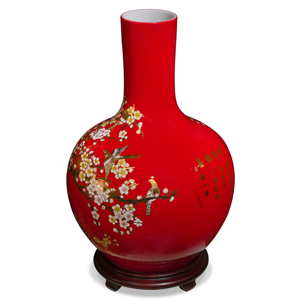 Red Cherry Blossom Chinese Porcelain Temple Vase