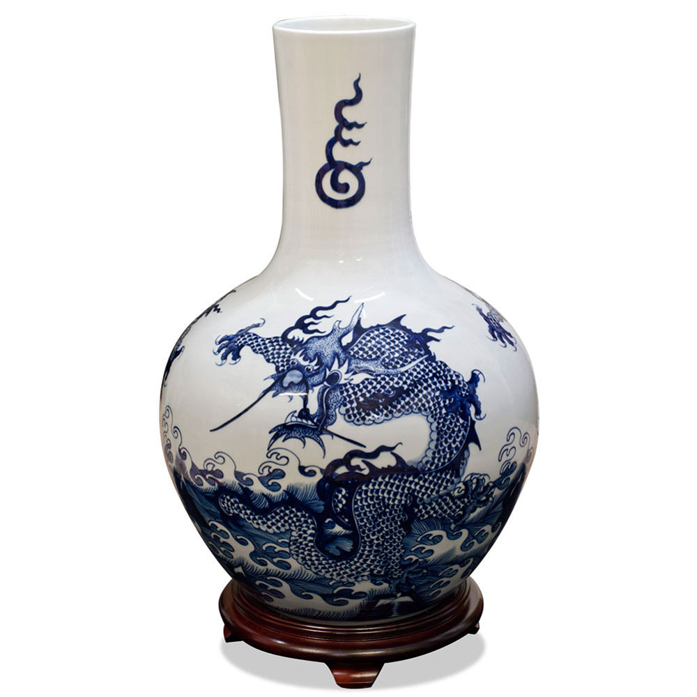 Blue and White Dragon Motif Chinese Porcelain Temple Vase