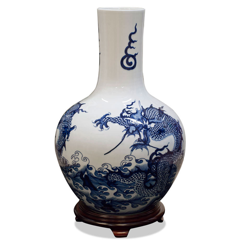 Blue and White Dragon Motif Chinese Porcelain Temple Vase