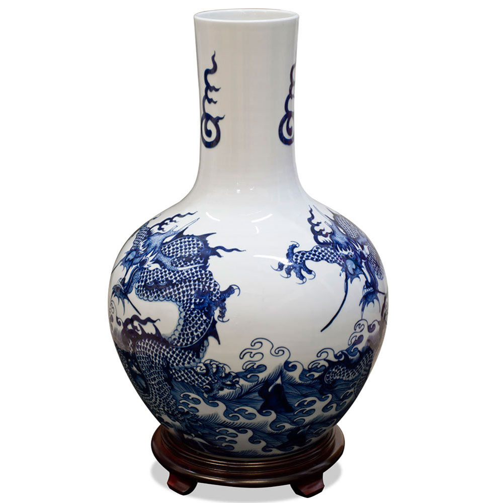 Blue and White Dragon Motif Chinese Porcelain Temple Vase