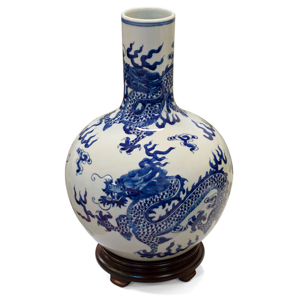 Blue and White Dragon Motif Chinese Porcelain Temple Vase