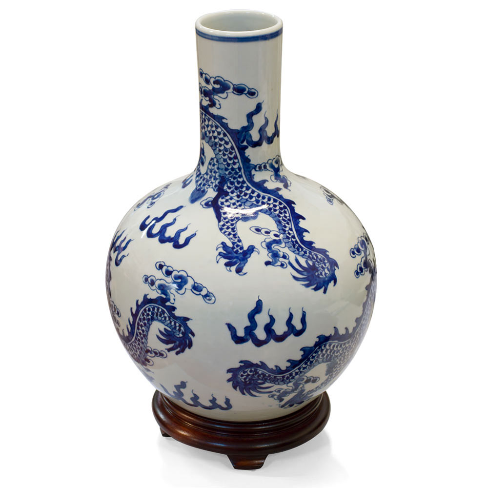 Blue and White Dragon Motif Chinese Porcelain Temple Vase