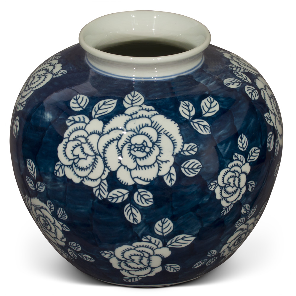 Blue and White Peony Flower Design Chinese Porcelain Jar