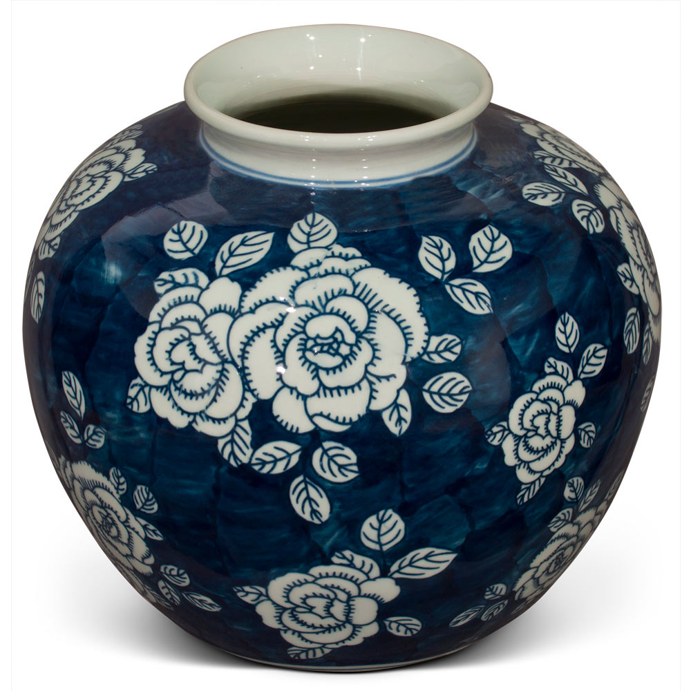 Blue and White Peony Flower Design Chinese Porcelain Jar