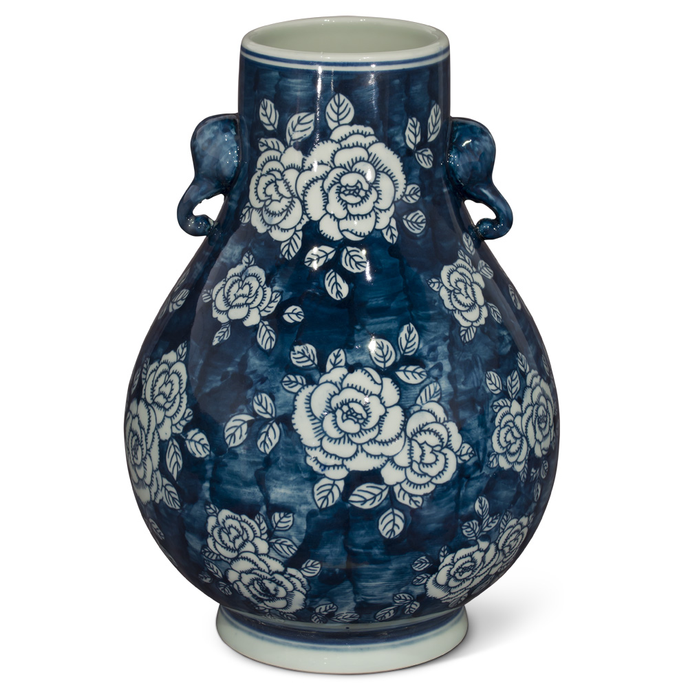 Blue and White Peony Flower Design Chinese Porcelain Vase