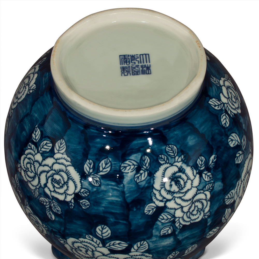 Blue and White Peony Flower Design Chinese Porcelain Vase