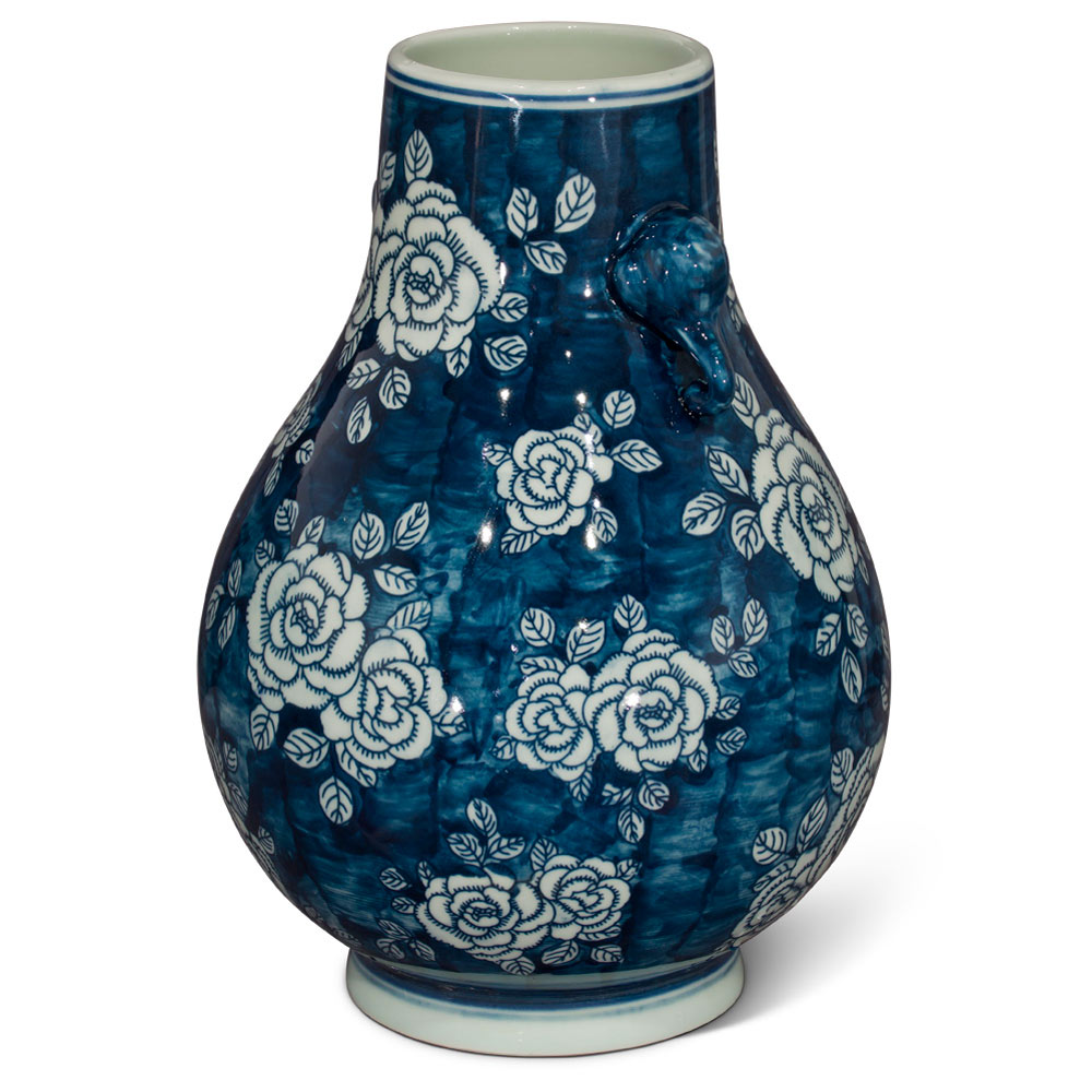 Blue and White Peony Flower Design Chinese Porcelain Vase