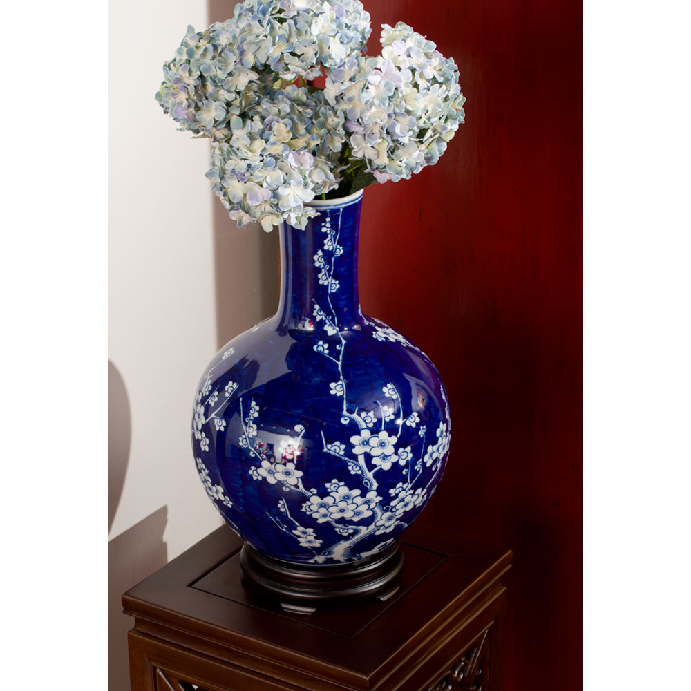 Blue and White Cherry Blossom Flower Motif Chinese Porcelain Temple Vase