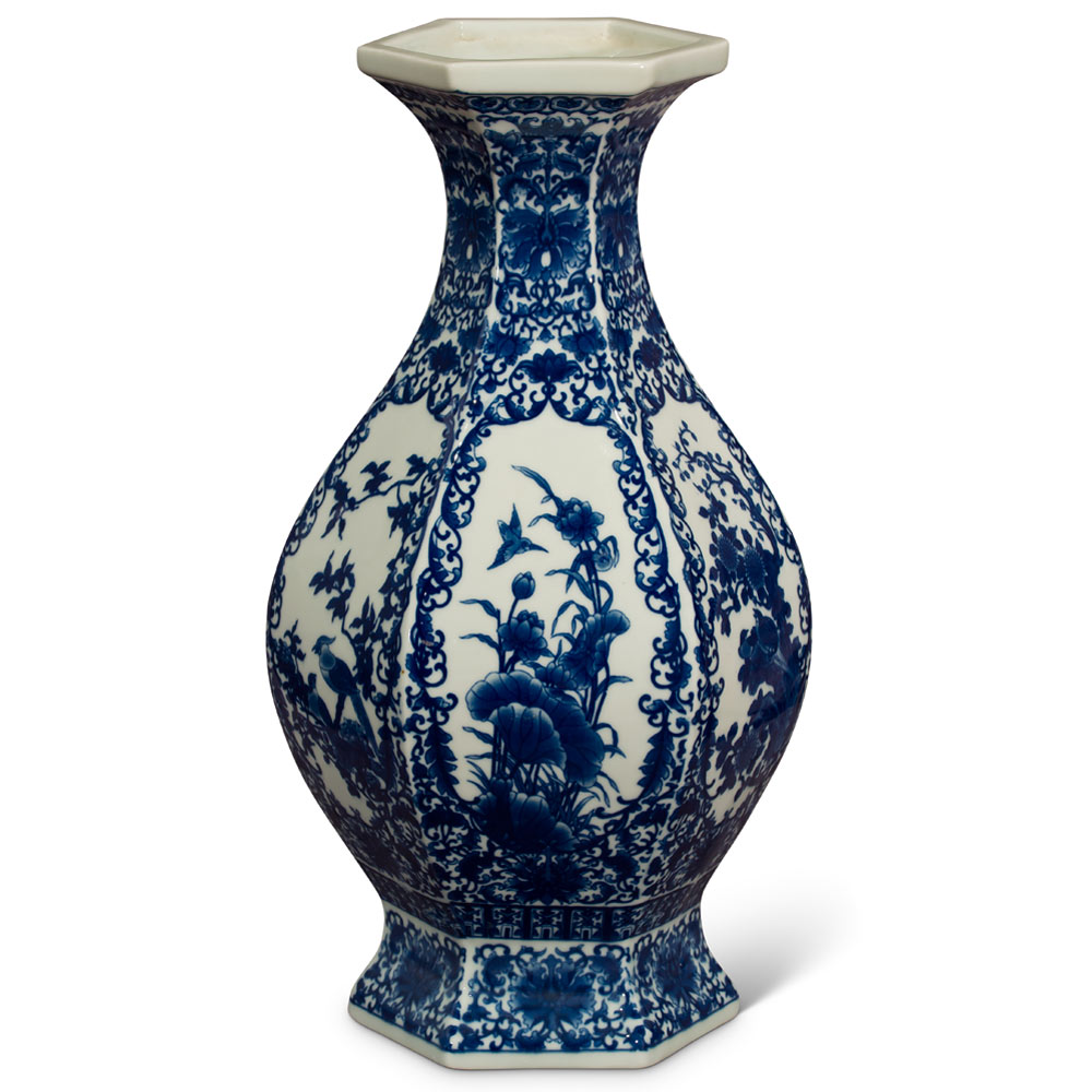 Blue and White Bird and Flower Design Chinese Qing Dynasty Vase