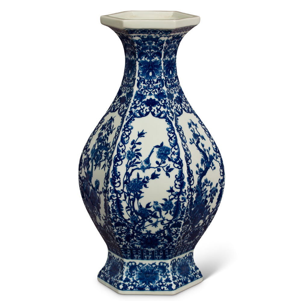 Blue and White Bird and Flower Design Chinese Qing Dynasty Vase