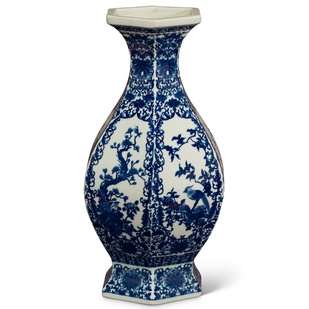 Blue and White Bird and Flower Design Chinese Qing Dynasty Vase