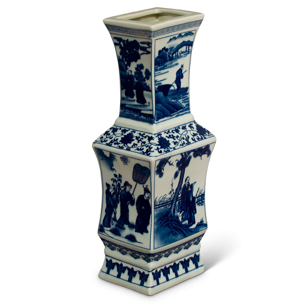 Blue and White Chinese Qing Dynasty Vase with Illustration