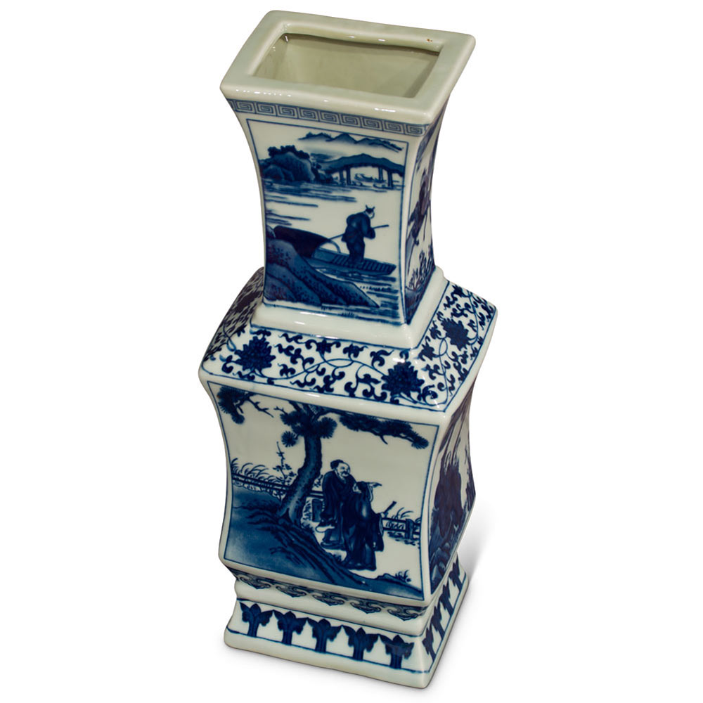 Blue and White Chinese Qing Dynasty Vase with Illustration