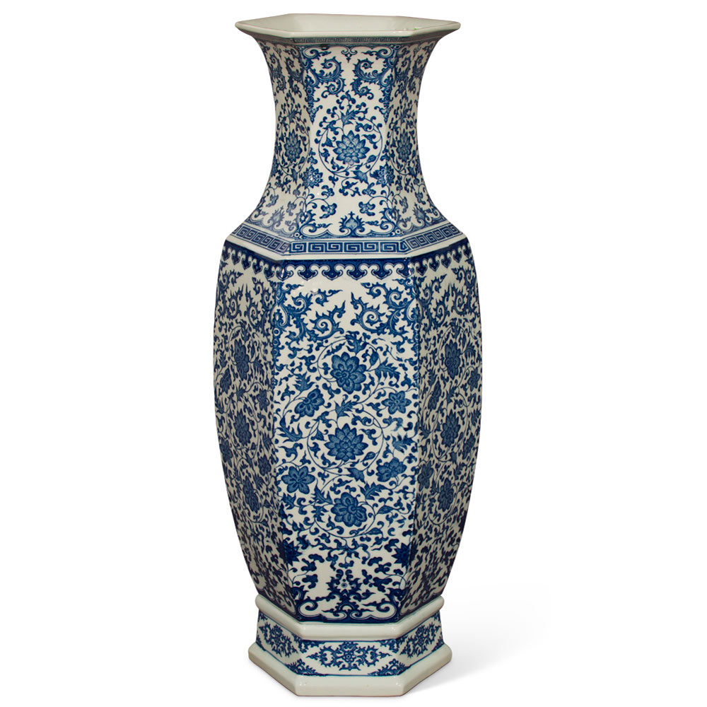 Floral Blue and White Geometric Qing Dynasty Vase