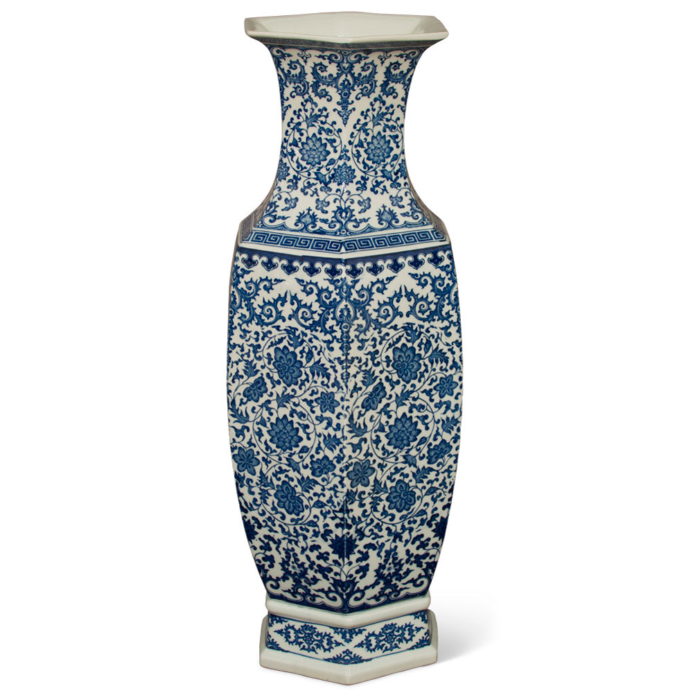 Floral Blue and White Geometric Qing Dynasty Vase