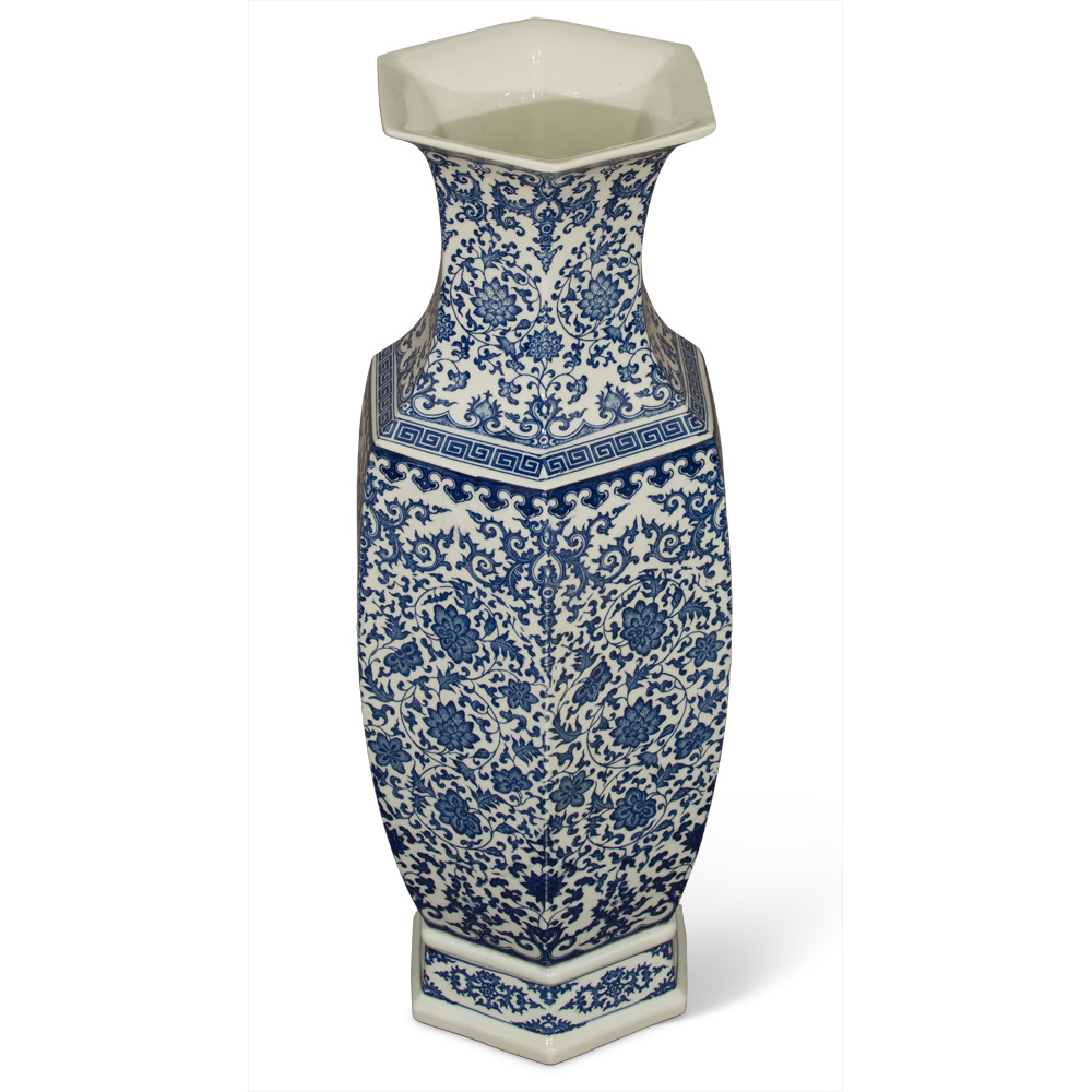 Floral Blue and White Geometric Qing Dynasty Vase