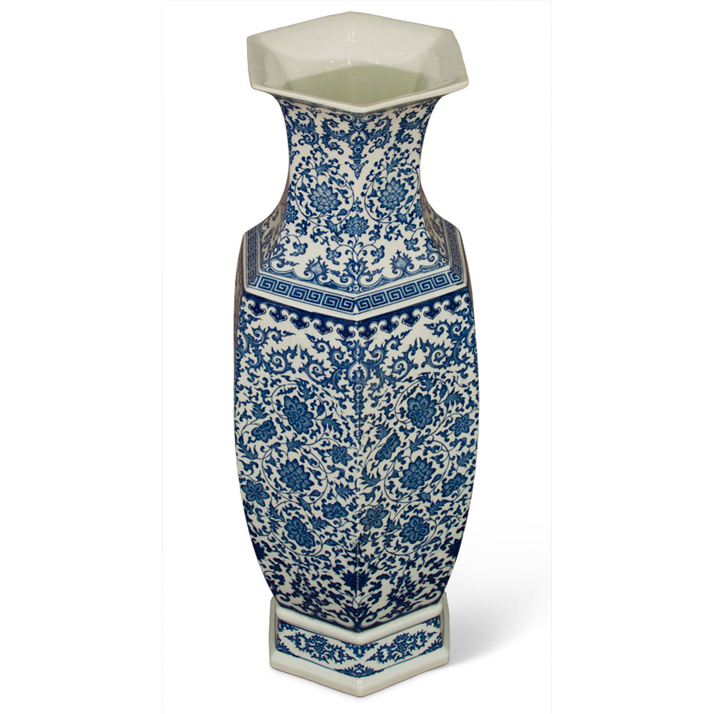 Floral Blue and White Geometric Qing Dynasty Vase