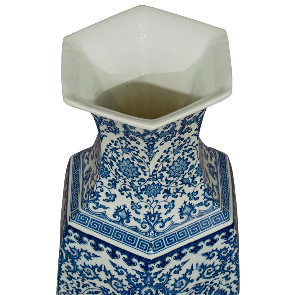 Floral Blue and White Geometric Qing Dynasty Vase