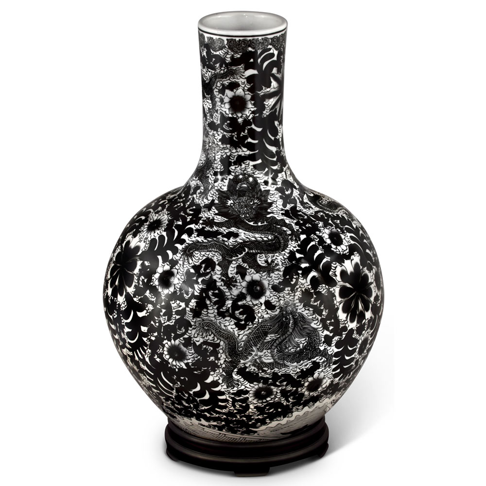 Black and White Imperial Chinese Dragon Porcelain Temple Vase