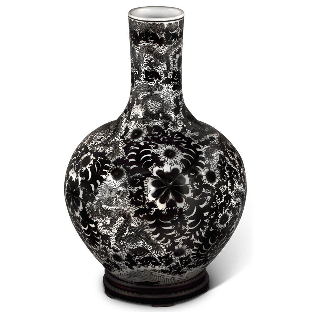 Black and White Imperial Chinese Dragon Porcelain Temple Vase