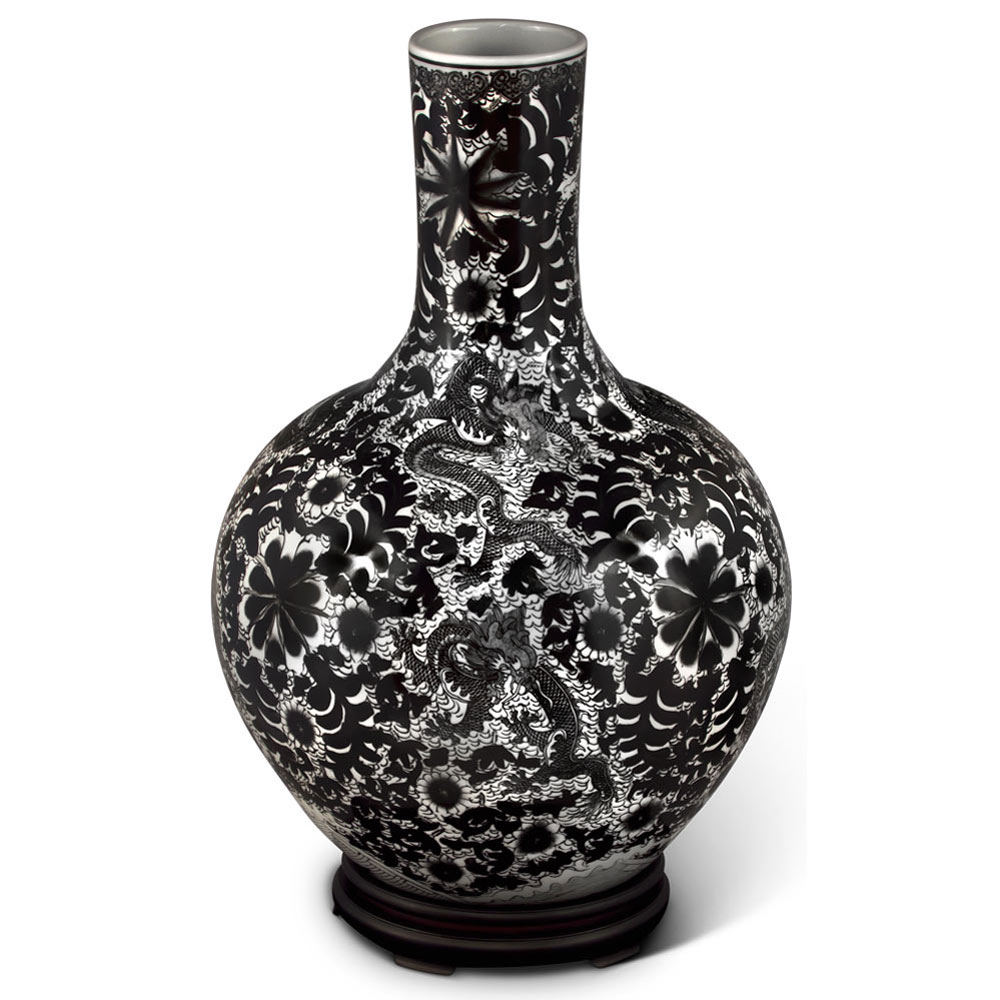 Black and White Imperial Chinese Dragon Porcelain Temple Vase