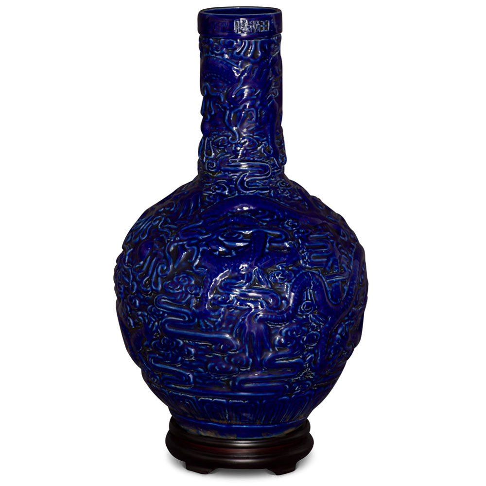 Dark Blue Porcelain Imperial Dragon Motif Chinese Temple Vase