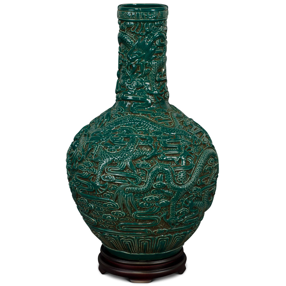 Emerald Green Porcelain Imperial Dragon Motif Chinese Temple Vase