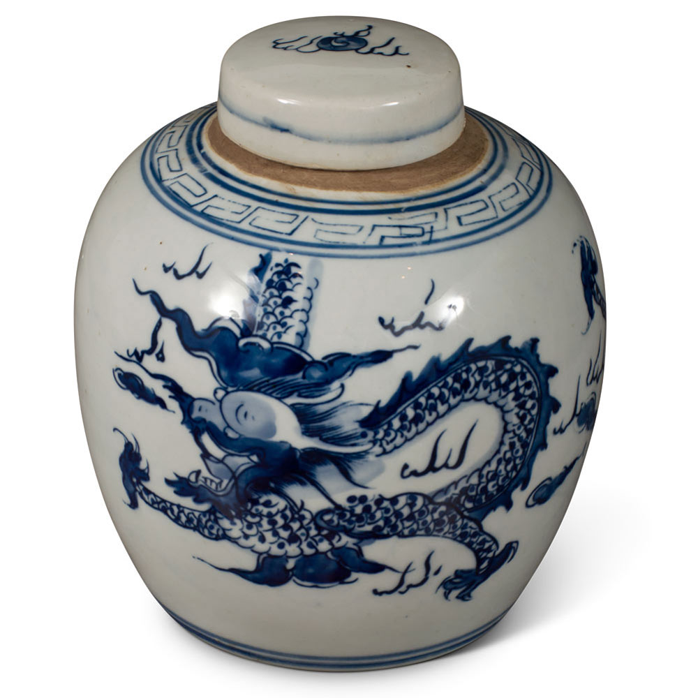Blue and White Porcelain Dragon Motif Chinese Jar