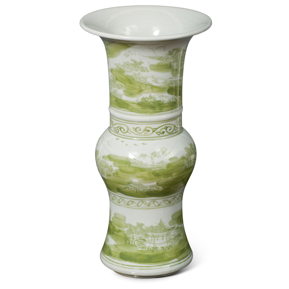 Tall Green Chinoiserie Landscape Motif Flower Vase