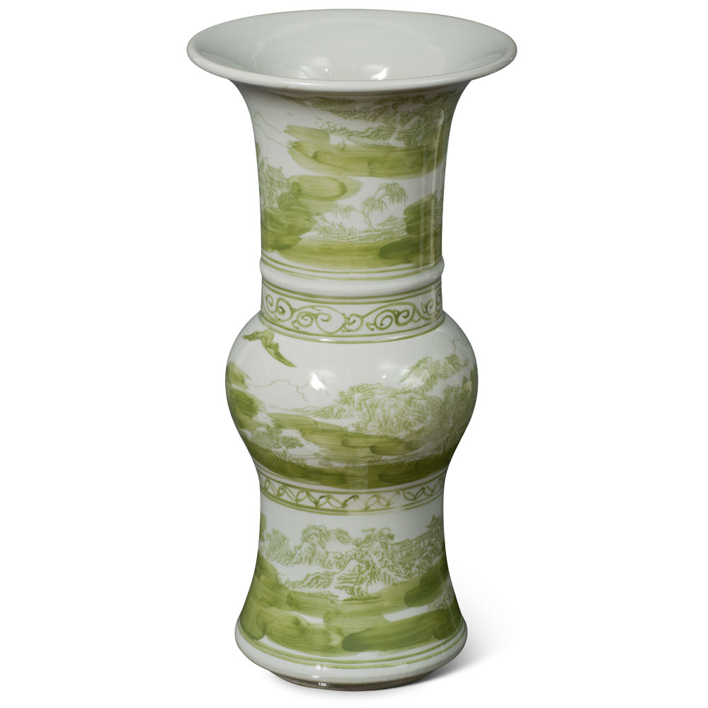 Tall Green Chinoiserie Landscape Motif Flower Vase