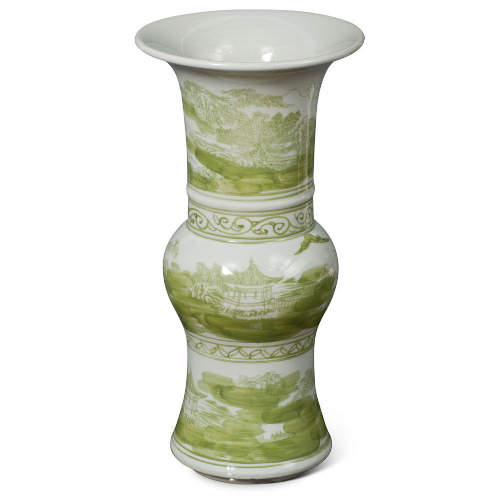 Tall Green Chinoiserie Landscape Motif Flower Vase