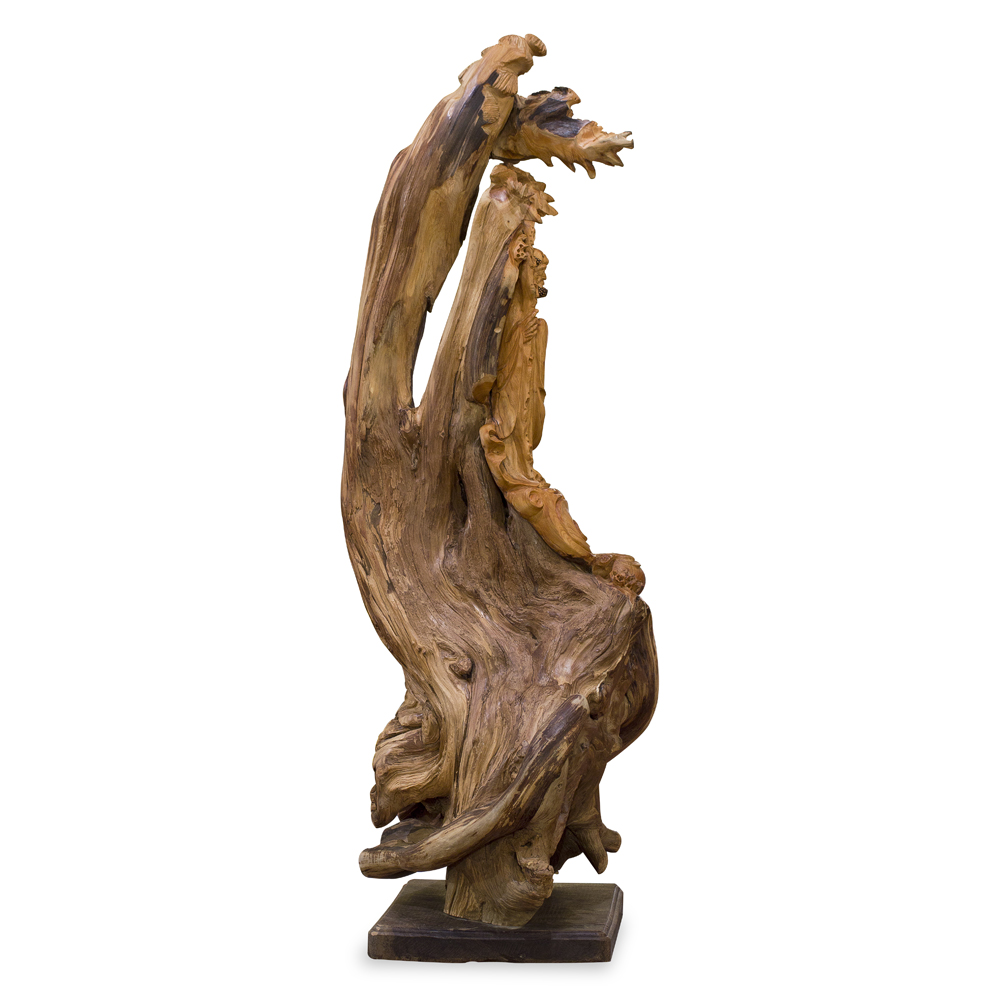 Cedar Wood Root Damo with Pine Tree Asian Sculpture