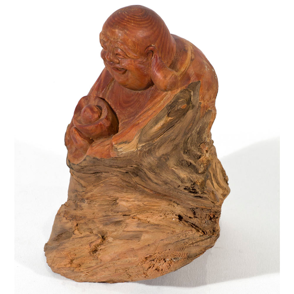 Hand Carved Cedar Wood Statue Happy Buddha