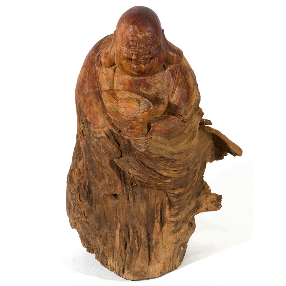 Hand Carved Cedar Wood Statue Happy Buddha