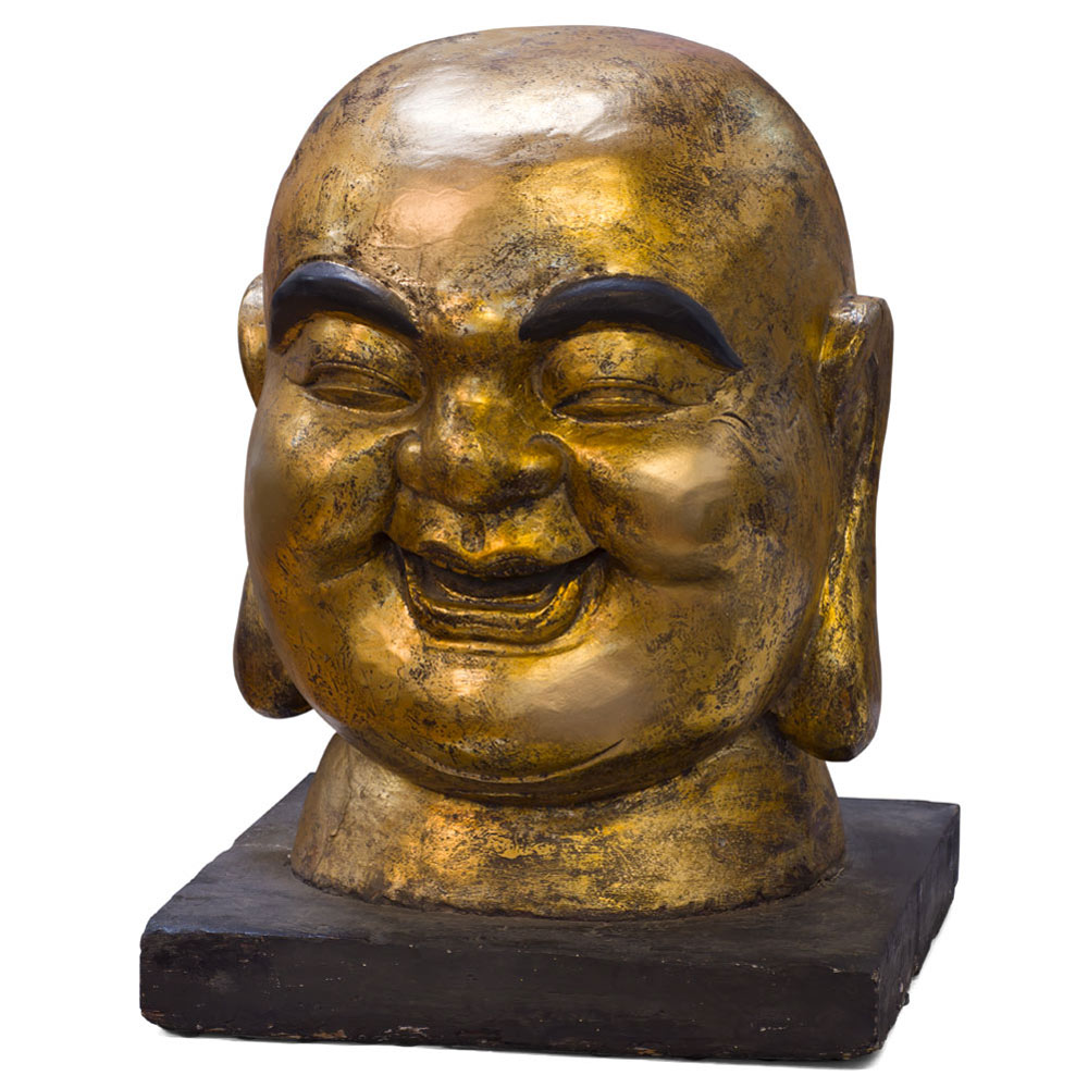 Gilt Wooden Chinese Happy Buddha Head  Sculpture