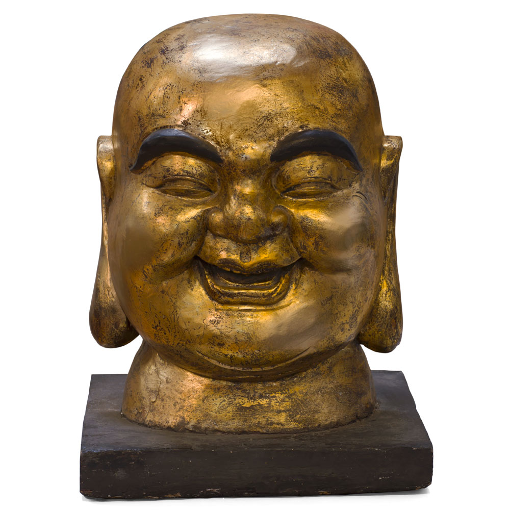 Gilt Wooden Chinese Happy Buddha Head  Sculpture