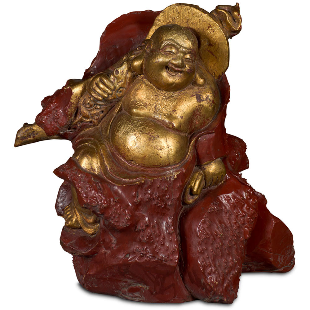 Gilded Wood Carving Chinese Happy Buddha Sculpture