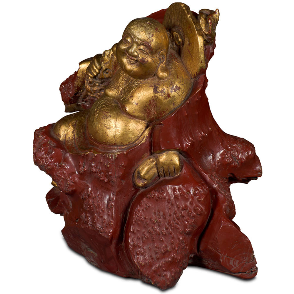 Gilded Wood Carving Chinese Happy Buddha Sculpture